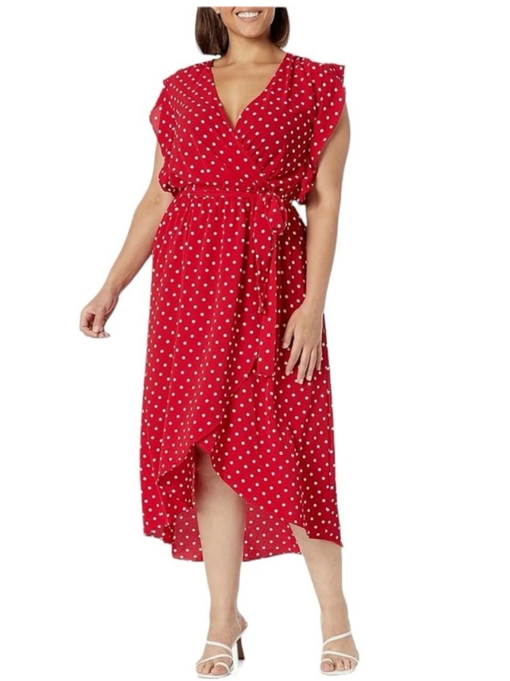 City Chic Red Polka Dot Faux Wrap Maxi Dress | Plus Size Ruffle Hem Tie Waist